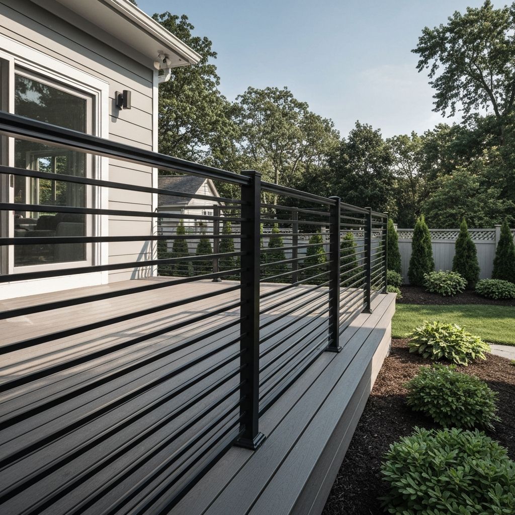 Black powder-coated aluminum deck railing on a residential home
