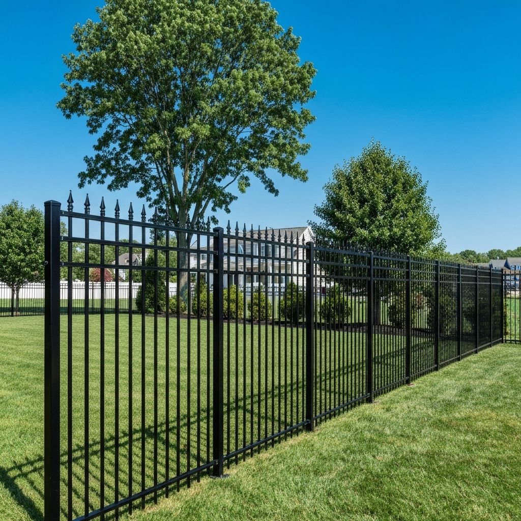Sleek black aluminum ornamental fence installation