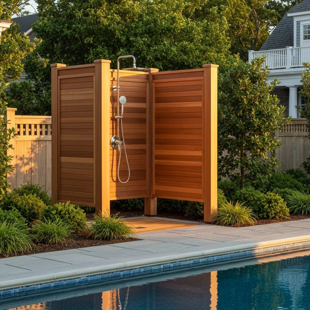 Custom cedar outdoor shower enclosure next to a pool