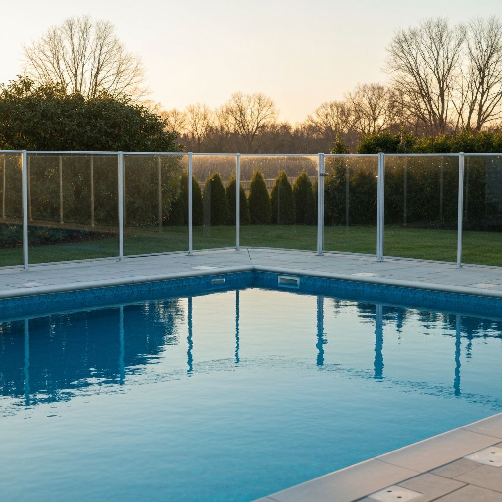 Modern glass and aluminum pool fence surrounding a luxury pool