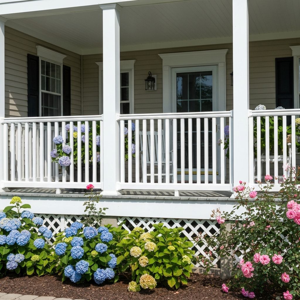 Crisp white vinyl porch railing on a colonial home