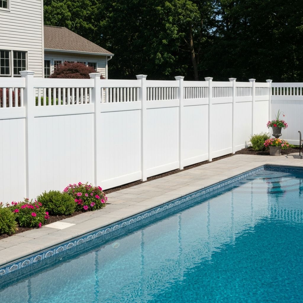 White vinyl privacy fence beside a pool